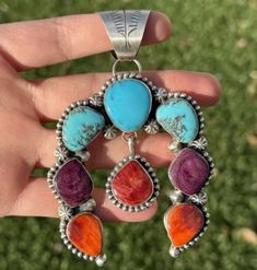 Navajo Sterling Silver Multi Stone Turquoise Spiny Oyster Pendant Artist: Augustine Largo Pendant: 4 inch by 2.6 inch Weight: 58 grams Best Offers Accepted! Taos Art, Spiny Oyster, Silver Work, Multi Stone, Sterling Silber, Womens Jewelry Necklace, Jewelry Necklace Pendant, 4 Inch, Pendant Necklaces