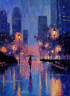 a painting of a person holding an umbrella in the rain at night with lights on