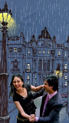 a man and woman dancing in the rain under a street light with a clock tower in the background