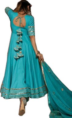 Designer Blue Anarkali Set With Gota Work, Blue Bollywood Anarkali Set With Gota Work, Anarkali Style Dola Silk Floor-length Sharara, Blue Anarkali Set With Gota Work For Diwali, Floor-length Churidar With Zari Work For Diwali, Chanderi Lehenga With Mirror Work In Maxi Length, Festive Blue Anarkali Set With Gota Work, Unstitched Maxi Length Traditional Wear With Gota Work, Floor-length Anarkali Set With Dori Work For Diwali