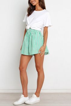 Stripe Elastic Waist A Line Shorts Green Bottoms With Elastic Waistband For Summer, Striped Short Leg Summer Bottoms, Striped Short Leg Bottoms For Summer, Green Bottoms For Day Out With Short Inseam, Green Bottoms With Short Inseam For Day Out, Striped Shorts For Day Out In Spring, Casual High Waist Striped Shorts, Striped Shorts For Spring Day Out, Casual Striped Stretch Shorts