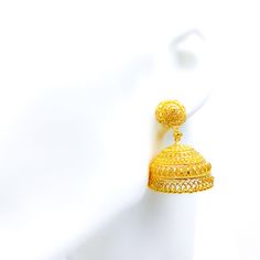 Crafted from 22k gold and weighing 25.4 grams, these Jhumki earrings feature an extravagant floral marquise design. The yellow gold finish enhances their elegance, with each earring hanging at a length of 1.5 inches and secured by a screw back post. These earrings are a perfect choice for those who desire luxurious and ornate accessories that make a bold statement at any celebratory event or gathering. Product Details Gold Purity(karat): 22k Gold Weight(grams): 25.4 Item Finish: Yellow Gold Earr 22k Gold Jhumkas For Wedding, Wedding 22k Gold Danglers, 22k Gold Chandbali Bridal Earrings For Pierced Ears, Bollywood Style Yellow Gold Earrings With Latkans, Yellow Gold Jhumkas For Celebration, 22k Gold Bollywood Jhumkas With Intricate Design, 22k Gold Jhumkas For Celebration, Yellow Gold Wedding Jhumkas Drop Earrings, Bollywood Style 22k Gold Jhumkas With Intricate Design