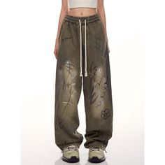 Graffiti Print Dance Cargo Pants  Material: 100%Cotton  Size: M, L, XL, 2XL Color: Brown, Army Green Waist Type: Mid-High Waist  Season: Spring, Fall, Winter   Occasion: Leisure, Outdoor, Daily, Vacation, Fall Outfits Green Grunge Bottoms For Streetwear, Green Baggy Hip Hop Bottoms, Hip Hop Baggy Straight Leg Sweatpants, Green Bottoms With Letter Print For Streetwear, Urban Baggy Bottoms With Letter Print, Urban Style Baggy Bottoms With Letter Print, Hip Hop Bottoms With Letter Print In Relaxed Fit, Grunge Cotton Bottoms With Letter Print, Hip Hop Baggy Bottoms With Elastic Waistband