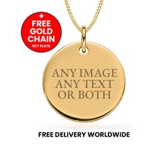 Pendant is hand made in Birminghams' prestigious Jewellery Quarter. Personalised 9ct Gold Disc Pendant. The perfect gift for anyone or yourself on any occasion! Fully engravable on both sides with text, images or both.  Plated in house by us, we provide a very thick plating to ensure durability and quality. Perfect also for remembrance photos, dates and sentimental images and text. DIMENSIONS: 19mm Width/19mm Height/1mm thick (Approx the size of a US Dime) 9ct Thick Gold Plated Construction for Classic Round Charm Necklaces For Gifts, Classic Gold Necklace With Engraving Option, Yellow Gold Jewelry For Anniversary Gift, Hallmarked Necklaces For Anniversary, Classic Hallmarked Charm Necklaces For Anniversary, Gold Charm Necklaces With Engraving Option, Gold Round Charm Necklaces With Engraving Option, Hallmarked Round Jewelry For Birthday Gift, Hallmarked Yellow Gold Jewelry For Birthday Gift