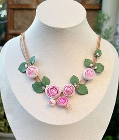 Pink floral bib necklace with rose flowers, wedding bridal floral jewelry set, Valentines day gift women necklace length 17'' (42cm) flower size 1'' (2,5cm) studs size  1/2" (1cm) Please, keep the jewellery away from perfume and other alcohol containing fluids because the alcohol damages the Polymer clay. Store  the fragile items in separate boxes and treat them with care. Misuse may result in damage. Visit my shop https://www.etsy.com/shop/JewelryByCompliment If you have any questions, please c Bib Necklaces, Floral Necklace, Bib Necklace, Floral Jewellery, Wedding Jewelry Sets, Rose Flower, Pink Floral, Jewelry Set, Womens Necklaces