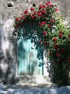 an old door with red flowers growing over it