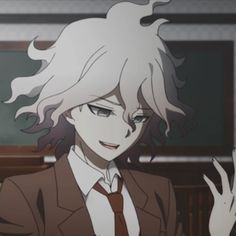 an anime character with white hair wearing a suit and tie