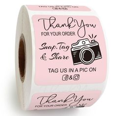 pink thank you for your order and share tag in a picon sticker roll