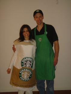 a man and woman dressed up as starbucks coffee characters, standing next to each other