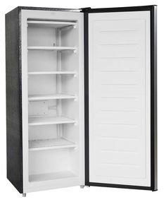 an open black and white refrigerator on a white background with no one in the photo