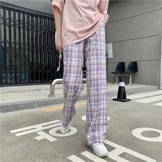 Loose Wide Leg Plaid Casual Pants – Nada Outfit Land Relaxed Fit Cotton Plaid Pants, Casual Cotton Plaid Pants, Casual Plaid Cotton Pants, Casual Plaid Bottoms With Elastic Waistband, Casual Plaid Bottoms With Relaxed Fit, Casual Plaid Pants For Spring, Relaxed Fit Plaid Pants With Elastic Waistband, Casual Plaid Bottoms With Pockets, Baggy Plaid Wide Leg Bottoms