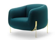 a blue chair with gold legs on a white background