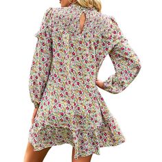 Muliticolor Floral Print Smocked Long Sleeve Dress Multicolor Smock Dress For Fall, Bohemian Multicolor Smocked Dress With Ruffles, Long Sleeve Smocked Dress For Vacation, Multicolor Dress With Smocked Back For Daywear, Multicolor Smocked Mini Dress, Multicolor Smocked Mini Dress With Smocked Bodice, Smocked Long-sleeve Vacation Dress, Multicolor Long Sleeve Smocked Top With Smocked Cuffs, Long Sleeve Smock Dress For Vacation