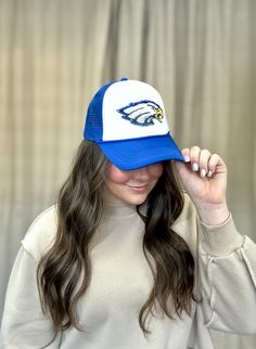 Live Oak Sequined Eagle trucker hats are here! Available in royal blue or black with a mesh back. Perfect for all sports activities! Features: Sequin Embroidery Sports Fan Trucker Hat With Curved Bill, Blue Trucker Hat For Sports Fans, Blue Mesh Trucker Hat For Sports, Blue Sports Fan Trucker Hat For Sports Events, Sporty Blue Trucker Hat For Fans, Blue Trucker Hat For Baseball Season, Blue Sporty Trucker Hat For Game Day, Sports Fan Trucker Hat With Visor, Blue Trucker Hat For Sports Events