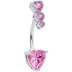 Pink CZ Gem Triple Heart Drop Heart Valentines Day Belly Ring This heart is going to make you fall in love with your navel piercing with this 14 gauge navel ring! It's made with a 3/8" durable 316L surgical grade stainless steel curved barbell. The top features a trio of heart-shaped pink cubic zirconia gems, set vertically. The bottom end features a matching heart charm, entirely composed of a single pink cubic zirconia gem for a luxe and cohesive appearance. Triple your style with this fashion Dermal Piercing Jewelry, Conch Piercing Jewelry, Opal Nose Ring, Daith Piercing Jewelry, Pregnancy Belly Rings, Horseshoe Jewelry, Helix Piercing Jewelry, Jewelry Promotion, Triple Heart