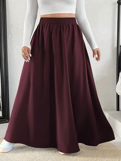 Plus Size Women's Solid Color Simple Everyday Swing Skirt, For Christmas Burgundy    Woven Fabric  Flared Non-Stretch  Women Plus Clothing, size features are:Bust: ,Length: ,Sleeve Length: Plus Size Red Skirt, Burgundy Weave, Knee Skirts, Red Skirt, Elegant Skirt, Elegant Dresses Long, Red Skirts, Plus Size Skirts, Dress 100