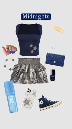 the contents of a woman's outfit including shoes and accessories