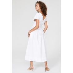 White cotton blend (98% Cotton, 2% Spandex). Lining (100% Cotton). Hourglass. Short sleeves. V-neck. Pull on. 47.5" from shoulder to hemline. Imported. Elegant Cotton Dresses By Staud, Staud Cotton Dress For Daywear, Fitted V-neck Dress For Spring Daywear, Staud Cotton Summer Dress, Fitted Cotton V-neck Maxi Dress, Spring Cotton V-neck Dress With Short Sleeves, Casual Fitted V-neck Dress For Daywear, Summer Fitted V-neck Dress For Daywear, Cotton V-neck Dress For Brunch