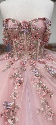 Off the Shoulder Lavender Sequin 3D Floral Quinceanera Dresses | KissProm Prom Dress Enchanted Theme, Enchanted Forest Dresses Prom, Enchanted Theme Dresses, Quinceanera Dresses Pink Princesses, Princess Sweet 16 Dress, Pink Quince Dresses Elegant, Whimsical Quinceanera Dress, Pink Butterfly Prom Dress, Pink Enchanted Dress