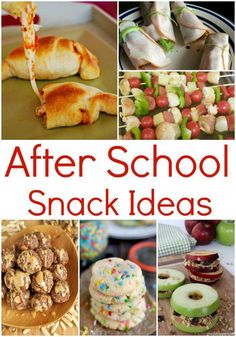 several pictures with different foods and words that say after school snack ideas on them, there are