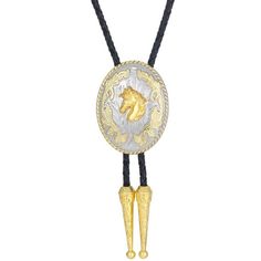 Elevate your Western ensemble with our Gold Horse Head Bolo Tie, a statement piece designed to exude elegance and distinction. Crafted with braided leather cords and zinc alloy accents, this 38" (96cm) bolo tie features a captivating pendant measuring 1.8" (4.5cm) x 2.3" (5.8cm), adorned with a majestic golden horse head.  Constructed with the finest materials, this bolo tie is built to withstand the test of time, ensuring both durability and style. The metal tips on the leather cord provide a r Western Jewelry With Adjustable Chain, Western Style Jewelry With Adjustable Chain, Silver Lariat Bolo Tie With Adjustable Length, Silver Lariat Bolo Ties With Adjustable Length, Western Style Silver Necklace With Adjustable Length, Adjustable Metal Lariat Necklace For Formal Occasions, Western Silver Necklace With Adjustable Length, Western Lariat Bolo Tie With Adjustable Length, Western Style Lariat Bolo Tie With Adjustable Length