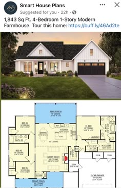 two story house plans with garage and living room in the middle, one bedroom on each floor