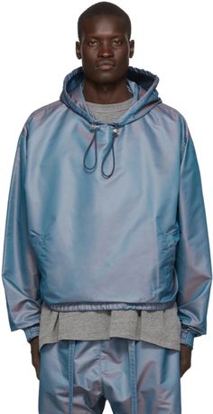 Fear of God: Blue Nylon Iridescent Oversized Jacket | SSENSE Sports Day Outfit, God Clothing, F Men, Athleisure Men, Baggy Clothes, Woven Jacket, Performance Wear, Fear Of God, Winter Tops