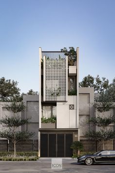 an architectural rendering of a building with plants growing on the side of it and two cars parked in front