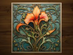 an art nouveau design with orange flowers on blue and brown paper cutouts, framed in wood planks