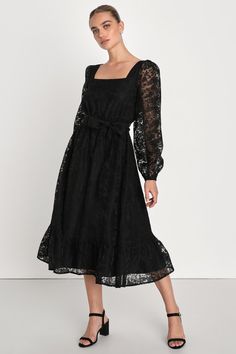 You won't regret adding the Lulus Keep It Sophisticated Black Floral Burnout Ruffled Midi Dress to your rotation of classy dresses! Sheer woven organza, with a floral burnout motif throughout, lays atop a black knit liner as it shapes this sweet dress with a square neckline framed by long, sheer balloon sleeves with elasticized cuffs. Lightly gathered bodice tops an elasticized waist (accented by a sash tying detail) that falls to a skater midi skirt with a tiered, ruffle hem. Fit: This garment Feminine Lace Dress With Square Neck For Party, Feminine Square Neck Lace Dress For Party, Chic Square Neck Lace Dress, Lace Midi Dress With Ruffles For Night Out, Elegant Organza Midi Dress With Ruffles, Chic Lace Midi Dress With Square Neck, Party Midi Dress With Square Neck And Ruffle Hem, Elegant Lace Midi Dress With Ruffle Hem, Elegant Organza Dress With Square Neck