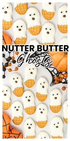 Nutter Butter Ghost Cookies on a Halloween decorated table Halloween Themes Party Food, Fun Halloween Sweet Treats, Butter Butter Ghosts, Kids Halloween Party Treats For School, Halloween Nutter Butter, Halloween Ghost Snacks, Nutter Butter Halloween Treats, Ghost Nutter Butter Cookies, Halloween Inspired Finger Foods