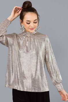 Disco Mock Neck Top, Silver :: NEW ARRIVALS :: The Blue Door Boutique Metallic Shiny Top For Party, Metallic Shine Party Tops, Metallic Sheen Top For Night Out, Metallic Sheen Tops For Night Out, Metallic Top With Sheen For Night Out, Metallic Shiny Top For Party Season, Shiny Disco Style Top For Evening, Glamorous Metallic Tops For Party Season, Metallic Shine Tops For Night Out