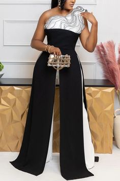 Plus Size Cocktail Party White Colorblock Oblique Collar Tiered Split Jumpsuits [Pre-Order] Semi Formal Outfits For Women Wedding Guest, Black Jumpsuit Outfit Wedding, Formal Jumpsuit Prom, Plus Size Wedding Guest Outfit, Jumpsuit Outfit Wedding, Jumpsuit Prom, Black Jumpsuit Outfit, Casual Cocktail Party, Black Jumpsuit Dress