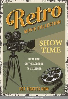 an old fashioned movie poster with the words retro collection show time on it's screen