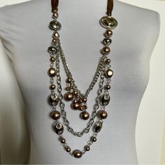 Gorgeous Pearl Beaded Necklace, Brownish Pearls With Silver Chain, Brown Satin Tie Close, Matching Wire Hook Earrings Beaded Chain Necklace, Pearl Beaded Necklace, Brown Satin, Necklace And Earring Set, Brown Silver, Paparazzi Jewelry, Inspired Jewelry, Jewelry Unique, Hook Earrings