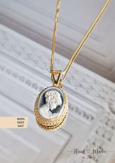 "Featuring a blue agate cameo necklace framed with a golden silver sterling 925 textured frame and chain. ✨ design: white lady surrounded by flowers and long hair. Shape: Oval. Very charming and elegant, the perfect gift any woman would like to receive. Silver sterling 925 *available also with a silver frame. View \"Cameo Necklaces\" section in shop! ➳Agate is a variety of banded Chalcedony, which is a variety of the mineral Quartz, known for helping you express yourself freely. ~ ~ ~ ~ ~ ~ ~ ~ Gold Oval Cameo Necklace, Luxury Oval Cameo Pendant Necklaces, Blue Cameo Necklace For Wedding, Luxury Yellow Gold Cameo Necklace, Blue Cameo Necklace, Golden Necklace, Cameo Jewelry, Cameo Necklace, Personalized Gifts For Her