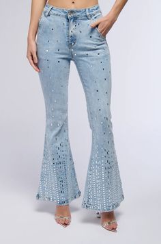 POPSTAR DENIM RHINESTONE FLARED PANT – AKIRA Rhinestone Corset Top, Rhinestone Corset, Denim Rhinestone, Cowgirl Outfits, Light Wash Denim, Corset Top, Flare Pants, Zip Up, Flare Jeans