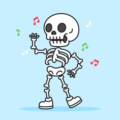 a skeleton with musical notes around it's neck and hand in the other hand