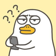 a cartoon penguin holding a cell phone with question marks on it's face and eyes