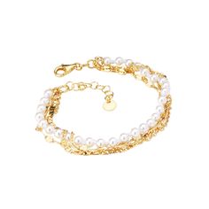 For when you want to dress things up just a little more. This 4 layer bracelet makes it extra easy to glam up an outfit with ease and style. Features a row of beautiful, fresh water pearls perfectly paired with three gold strands for that extra sparkle. Adjustable from 7 to 8 inches. Details: Metal: 14kt 1-Micron Gold-Plated on Sterling Silver Base Material: Freshwater Pearl Pearl Size: 4mm *Freshwater pearls may vary in size due to its natural quality Length: 7-8" Adjustable Chain Gold Pearl Charm Bracelet For Parties, Gold Pearl Bracelet In Trendy Style, Gold Pearl Bracelet With Charm For Parties, Gold Bracelet With Pearl Chain For Party, Elegant Double Chain Bracelet For Party, Gold Double Chain Bracelet For Party, Gold Pearl Bracelet For Party, Chic Gold Pearl Bracelets, Elegant Adjustable Layered Jewelry