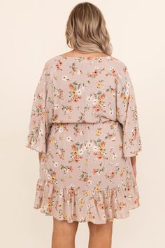 Chic Soul plus size clothing, khaki floral design 3/4 length bell sleeve dress with ruffle bottom Neutral Background, Khaki Dress, Model Fits, So Pretty, Ruffle Hem, Floral Tops, Floral Pattern, Heels, Women's Top