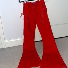 With Tags Cotton Party Pants For Fall, Trendy Cotton Pants For Party, Cotton Pants For Fall Parties, Red Fitted Trousers, Casual Fitted Red Bottoms, Fall Party Cotton Pants, Red Trousers For Party, Red High-waisted Pants For Party, High-waisted Red Party Pants