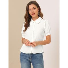 The beautiful and soft blouse adds a touch of elegant, feminine style to your wardrobe. It suits spring and summer and for many occasions, such as casual, work, office, meeting, dating, weekend, leisure, and daily wear. Pair this doll-collar shirt with the high-waist jeans and sneakers for your casual-chic look, or wear it with a pencil skirt and high heels for sophistication and elegance. Feminine Solid Color Workwear Tops, Feminine Solid Color Tops For Workwear, Feminine Tops For Work In Solid Color, Collared Solid Color Blouse For Work, Collared Workwear Blouse, Solid Collared Blouse For The Office, Classic Collared Solid Color Blouse, Feminine Blouse For Office Wear, Collared Blouse For Work In Solid Color