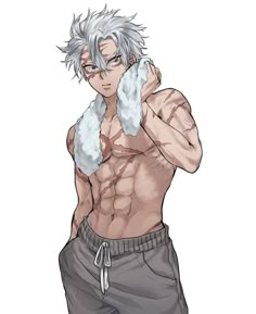 an anime character with white hair and grey shorts holding his hands up to his face