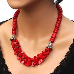 Party Beaded Necklaces With Heart Beads, Traditional Red Coral Beaded Necklace, Red Coral Necklace With Large Beads, Red Beaded Necklaces With Heart Beads, Red Heart Beads For Gifts, Traditional Red Heart-shaped Jewelry, Elegant Heart Beads For Gifts, Red Costume Jewelry With Colorful Beads, Faceted Red Coral Beads Jewelry Gift