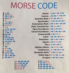 the morse code is written in blue and red on a piece of paper that says morse code