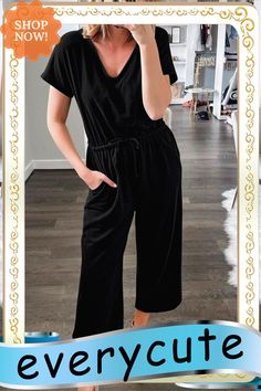 Black V Neck Short Sleeve Jumpsuit Short Sleeve Jumpsuit, Short Sleeve Jumpsuits, Jumpsuit With Sleeves, Jumpsuit Romper, Jumpsuit, Rompers, V Neck, Black