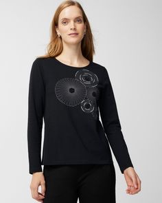 Embellished Graphic Tee With Crew Neck, Casual Long Sleeve Embellished Top, Casual Embellished Tops For Fall, Casual Embellished Fall Tops, Embroidered Graphic Tee For Fall, Casual Embellished Crew Neck T-shirt, Fall Embroidered Graphic Tee, Spring Embellished Cotton T-shirt, Embellished Cotton T-shirt For Spring