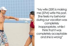 a man and woman standing next to each other on a beach with a volleyball net