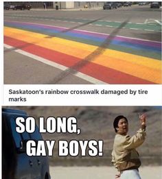 two pictures one with the same person and another with an image of a rainbow crosswalk